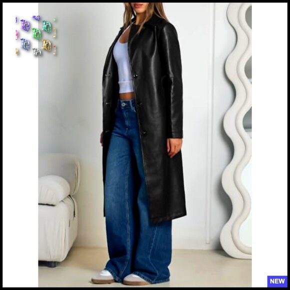 Long Faux Leather Trench Coat Classic Elegant Chic Open Front Belted - Picture 3 of 6